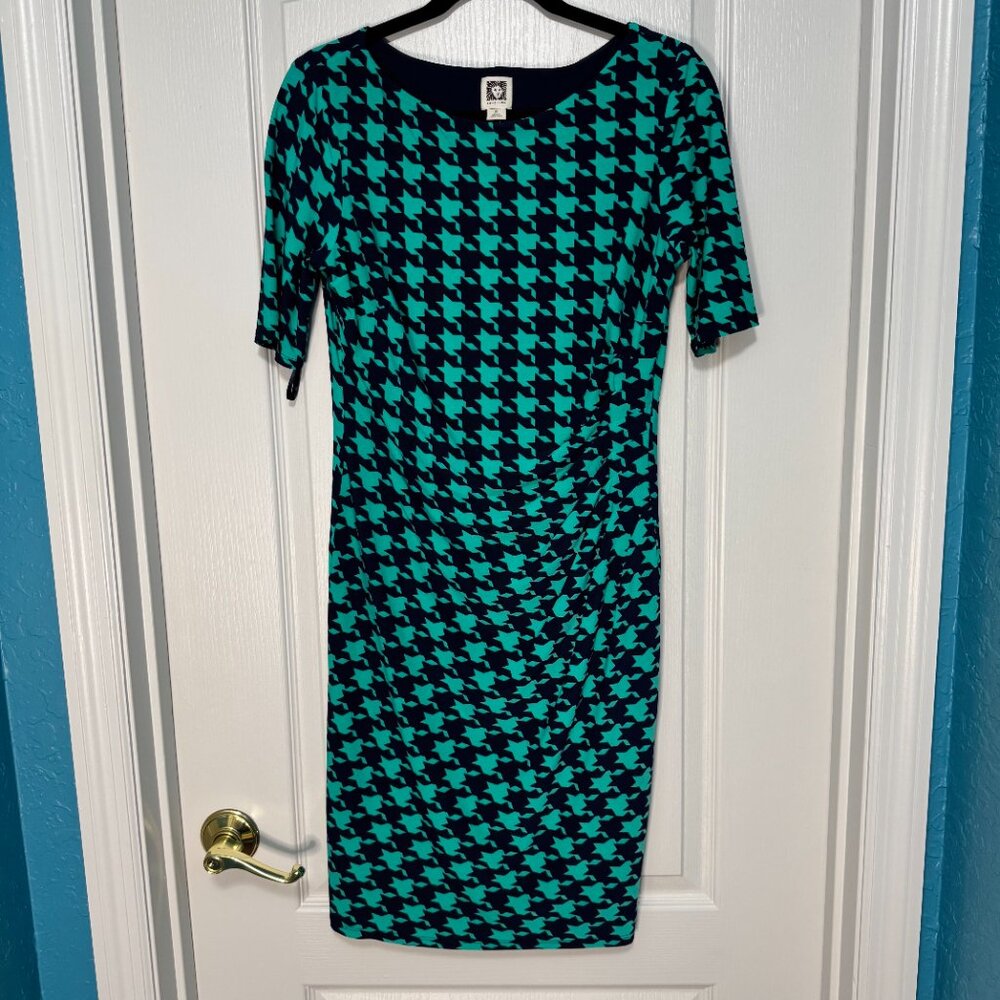 Anne Klein Houndstooth Sheath Dress Ruched Career Cocktail Teal Blue 8 - Picture 4 of 6